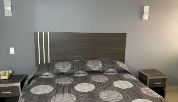 This image shows a neatly made bed with a gray and black polka dot bedspread, flanked by two nightstands with lamps, against a blue wall.